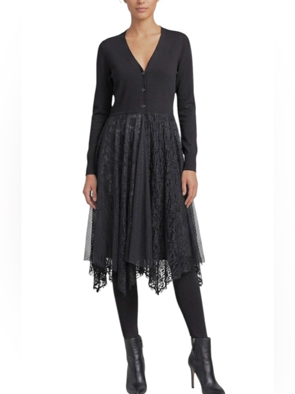 Women’s Black Mixed Media Lace V-Neck Lace Hem Sweater Jacket Midi Dress Boho